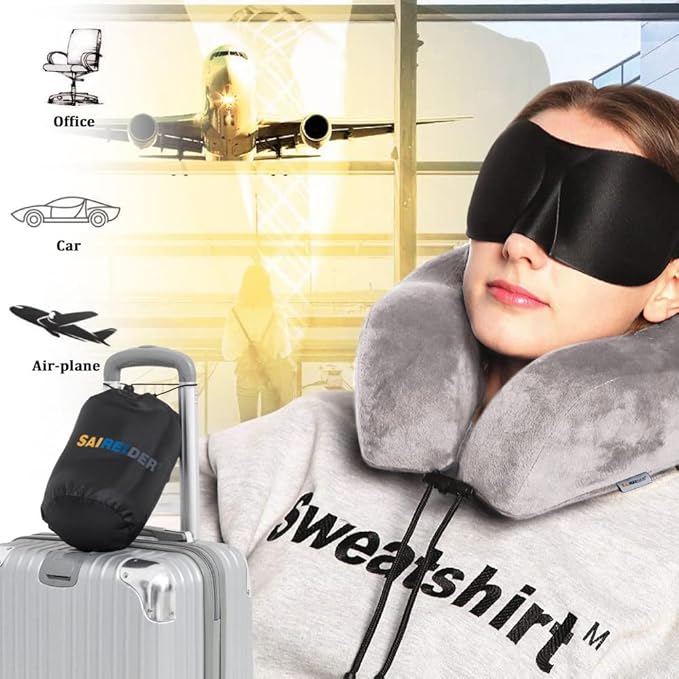 SAIREIDER Airplane Pillow 100% Memory Foam Neck Pillow for Airplanes Flight Rest Best Adjustable Travel Neck Support Pillows-Prevent The Heads from Falling Forward (Grey)