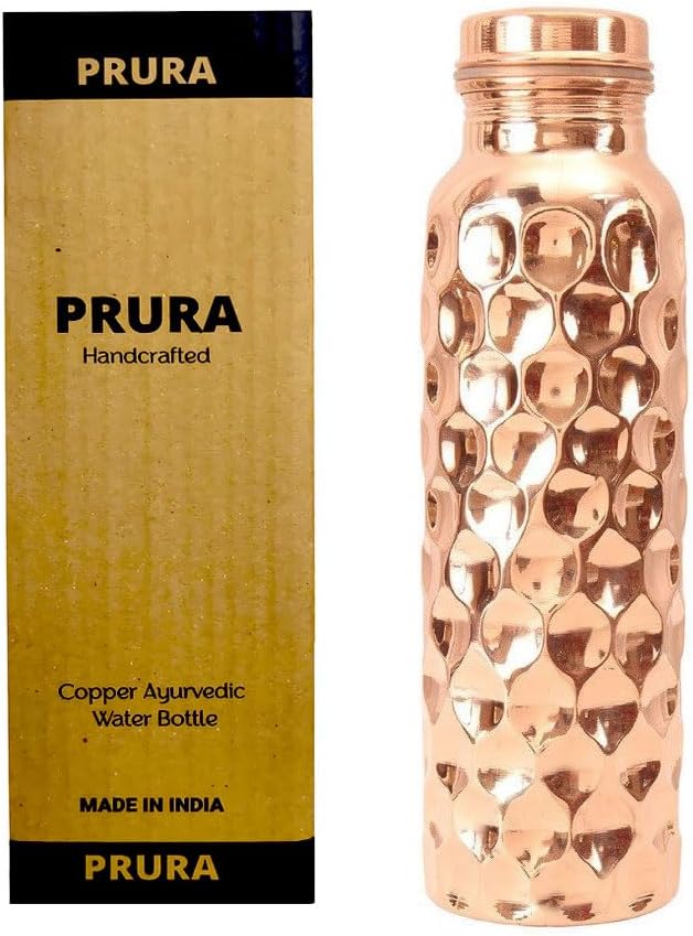 Diamond Cut Copper Water Bottle - Leak Proof Ayurvedic Drinkware Copper Vessel for Sports, Gym, Outdoors, Yoga (30 oz)