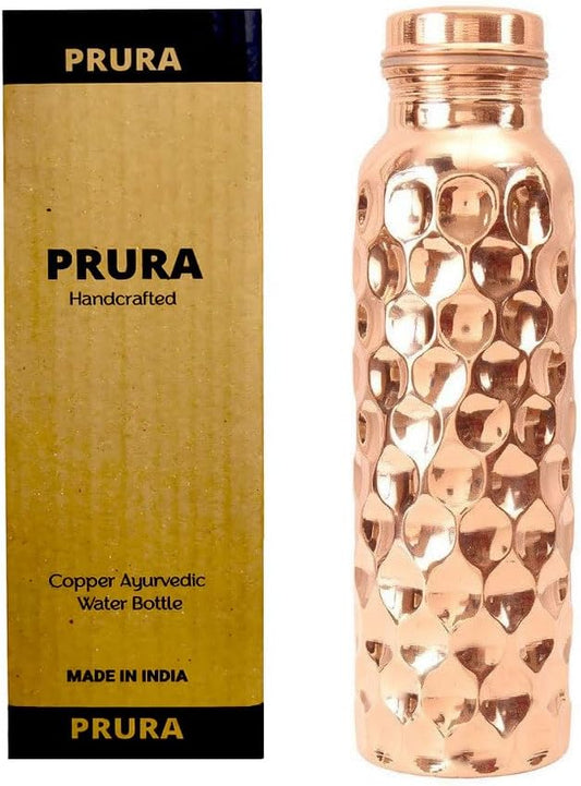 Diamond Cut Copper Water Bottle - Leak Proof Ayurvedic Drinkware Copper Vessel for Sports, Gym, Outdoors, Yoga (30 oz)