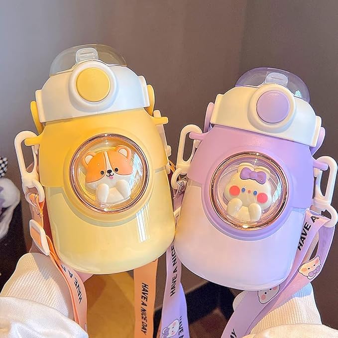 Kawaii Water Bottle with Straw,Travel Cute Water Bottles with Adjustable Strap Leak Proof BPA Free Wide Mouth Water Cup with Lid for Girls(Brown)