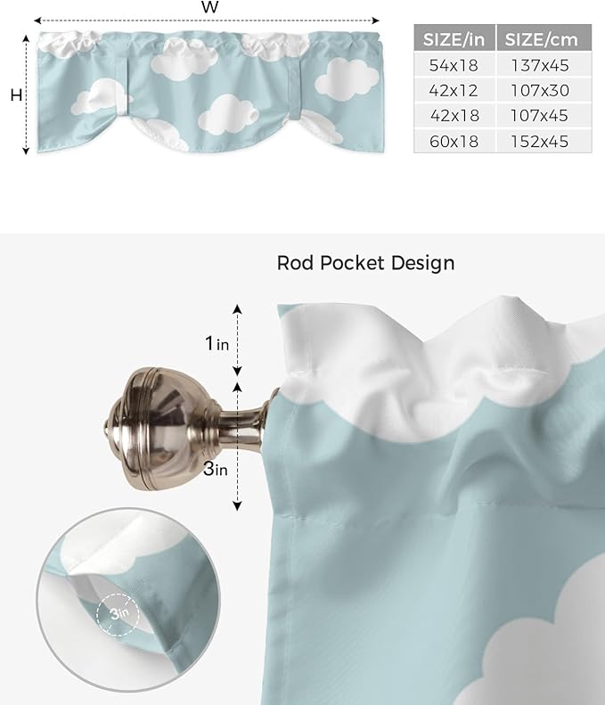 Kids Blackout Tie Up Valance Curtains for Kitchen Windows Blue White Cloud Cartoon Window Toppers Balloon Shades for Living Room/Bathroom/Bedroom,1 Panel,42" X 18"