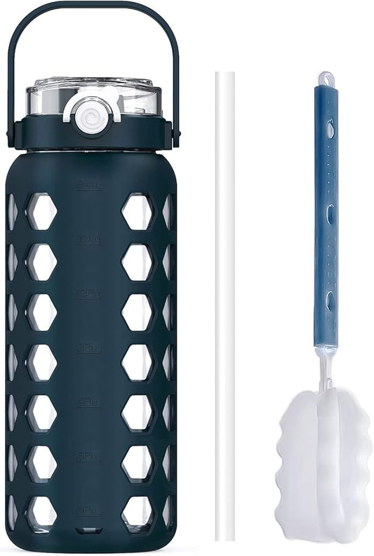 MUKOKO 56oz Glass Water Bottles with Straw and Lid,Motivational Water Jug with Time Marker Reminder and Silicone Sleeve,100% Leakproof BPA Free Fitness Sports Large Bottle-Blue