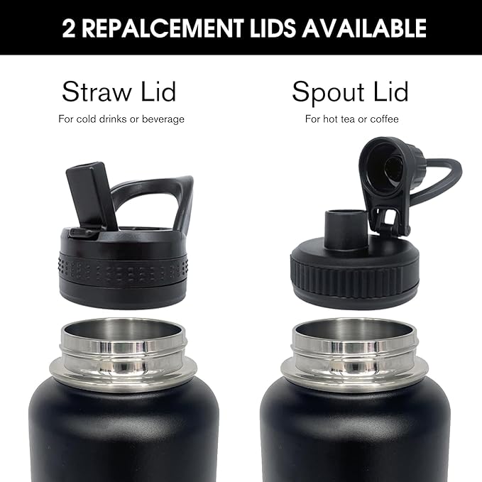 4pack 40 oz Insulated Water Bottle With Straw, Stainless Steel Sports Water Cup Flask with 2 Lids, Wide Mouth Travel Thermal Mug,Black