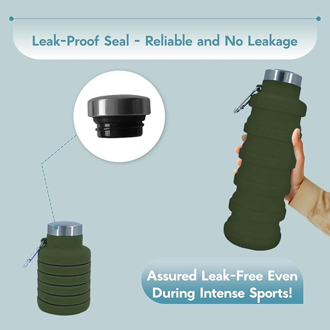 Collapsible Water Bottles 17oz, Odorless BPA-Free Silicone, Leak-Proof Foldable Reusable Bottle - Perfect for Travel Sports Gym Hiking Camping Cycling - Brown