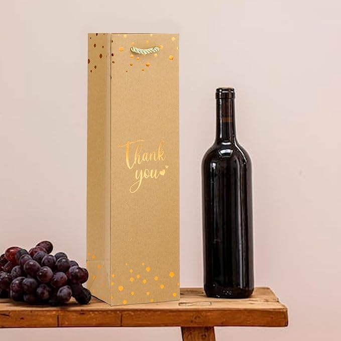 Ssyuysto 12 Pcs Wine Thank You Bags for Wine Bottles Elegant Wine Gift Bags with Metallic Gold Foil Print Kraft Paper Wine Bags with Handles for Travel(Brown)