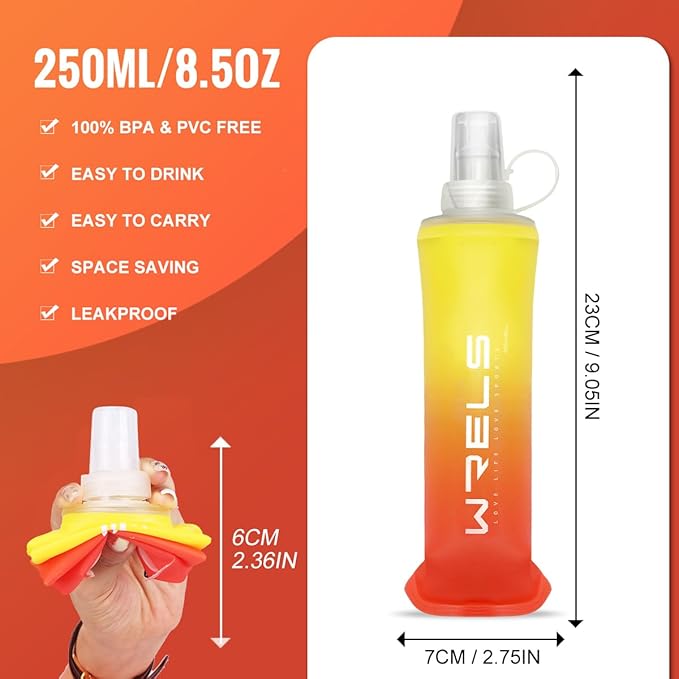 Collapsible TPU Soft Flask,Reusable Handheld Soft Water Bottle for Hydration Pack,BPA Free Gradient Folding Water Flask for Running Cycling Climbing (Yellow&Orange-250ml*2)