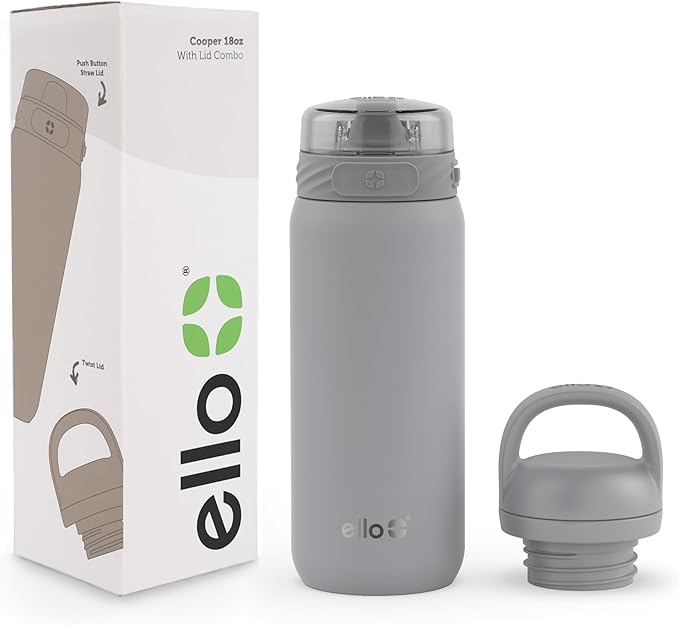 Ello Cooper 18oz Kids Stainless Steel Water Bottle with 2 Lids Chug and Straw | Leak Proof Double Walled and Vacuum Insulated | Fits Car Cupholder | Built in Carry Loop | Dishwasher Safe | Gray