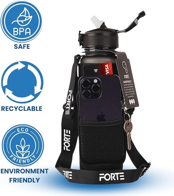 FORTE Plastic Water Bottle with Sleeve - BPA-Free Water Jug with Leak Proof Lid and Straw - Perfect for Gym, Office, and Everyday Use (Black)