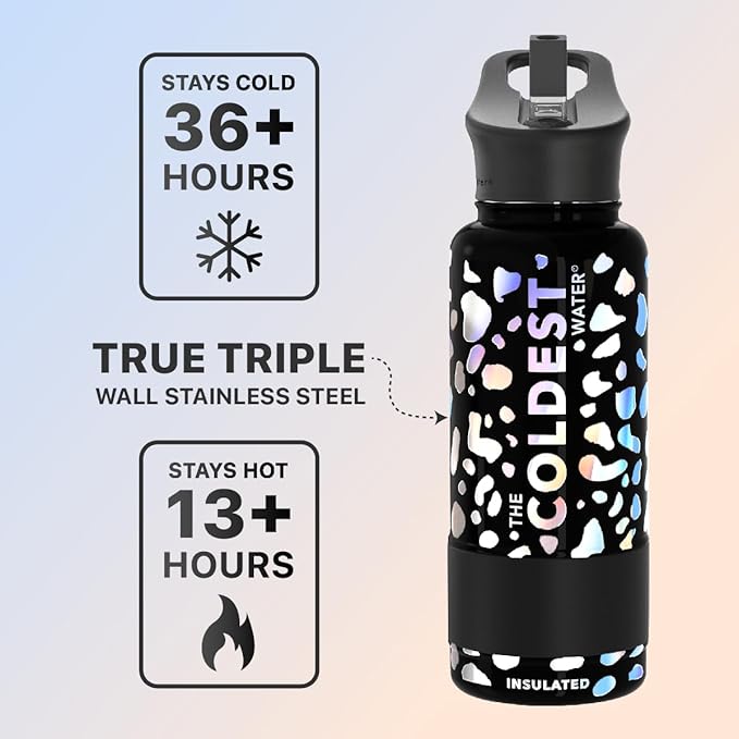 COLDEST Sports Water Bottle -32 oz (Straw Lid), Leak Proof, Vacuum Insulated Stainless Steel, Hot Cold, Double Walled, Thermo Mug, Metal Canteen (32 oz, Moonlight Leopard)
