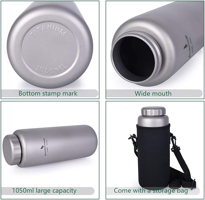 iBasingo 1050ml Titanium Bottle 600ml Nesting Cup Outdoor Camping Single Layer Wide Mouth Cookware Lightweight Portable Bottle Mug Hiking Picnic Solo Cooking Mess Kit