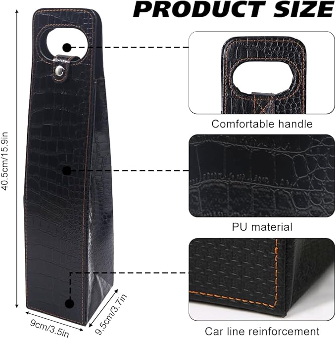 Single Bottle Wine Tote, Reusable Leather Wine Bag Tote, Single Bottle Wine Tote Bag, Crocodile Grain Wine Gift Bag for Picnic, Travel, Party, Birthday, Wedding, Restaurant (Black)