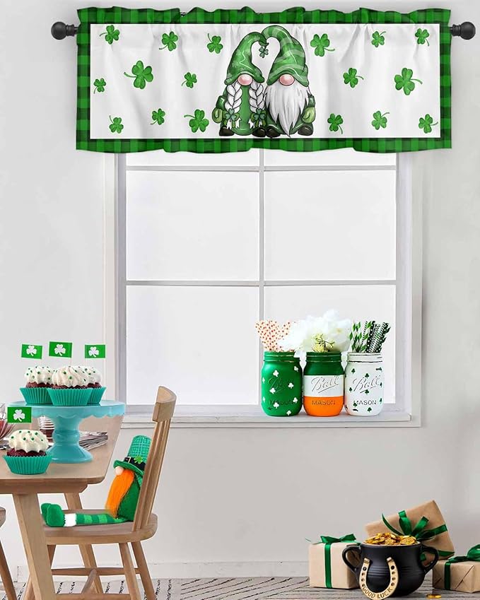 Gnome St. Patrick's Day Kitchen Curtains Valances for Windows Buffalo Plaid Shamrock Rod Pocket Window Treatment for Kitchen /Living Room/Bedroom/ Bathroom, 42" X 18", Seasonal Spring Holiday