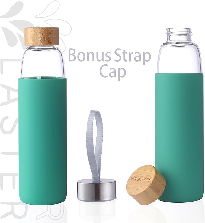Laster Glass Water Bottle 20 Oz, 600 ml, made of Borosilicate Glass, 1 Bamboo & 1 Stainless Steel Lid, BPA Free, Non-Slip Silicone Sleeve (Leafy Green)