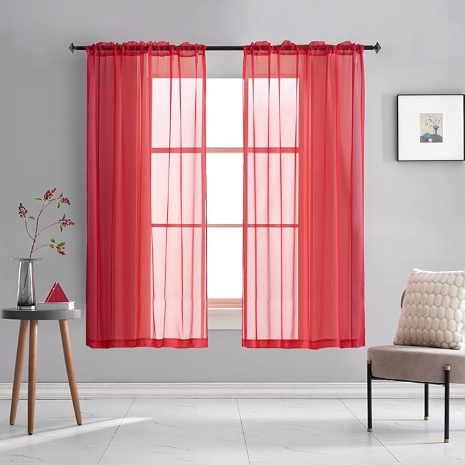 Red Sheer Voile Curtains Translucent Solid Color Window Treatment 63 Inches Long Panels Rod Pocket Red sheers for Bedroom Living Room 2 Panels 52x63