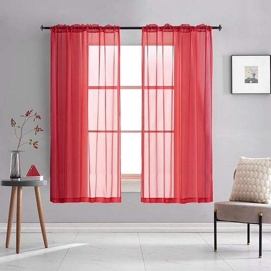 Red Sheer Voile Curtains Translucent Solid Color Window Treatment 63 Inches Long Panels Rod Pocket Red sheers for Bedroom Living Room 2 Panels 52x63