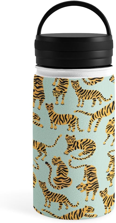 Deny Designs Water Bottle, Handle Lid 12 oz, Cat Coquillette Tiger Collection Mint Orange