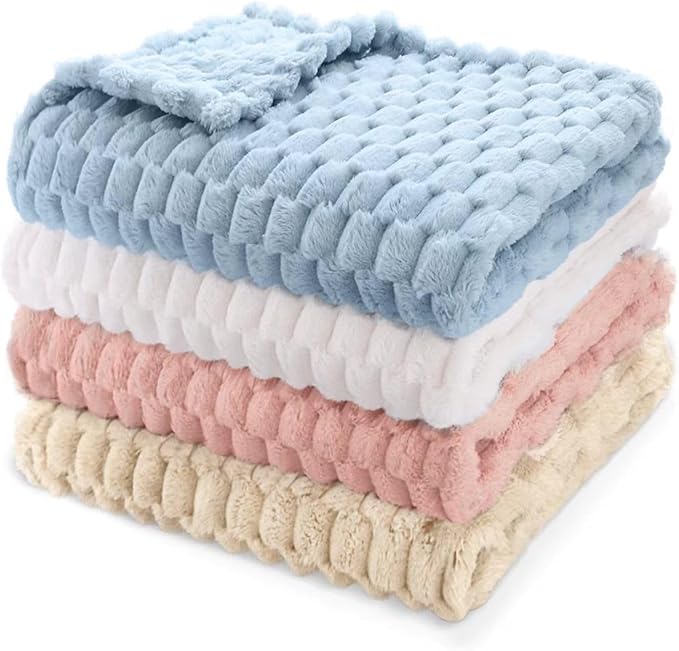 HOMRITAR 4 Pcs Baby Fuzzy Blanket 3D Jacquard Fluffy Blanket for Boy Girls, Soft Warm Cozy Flannel Fleece Warm Blanket Nursery, Stroller Toddler Bedding, 30 x 40 Inch (Blue, Cream, Pink, Khaki)