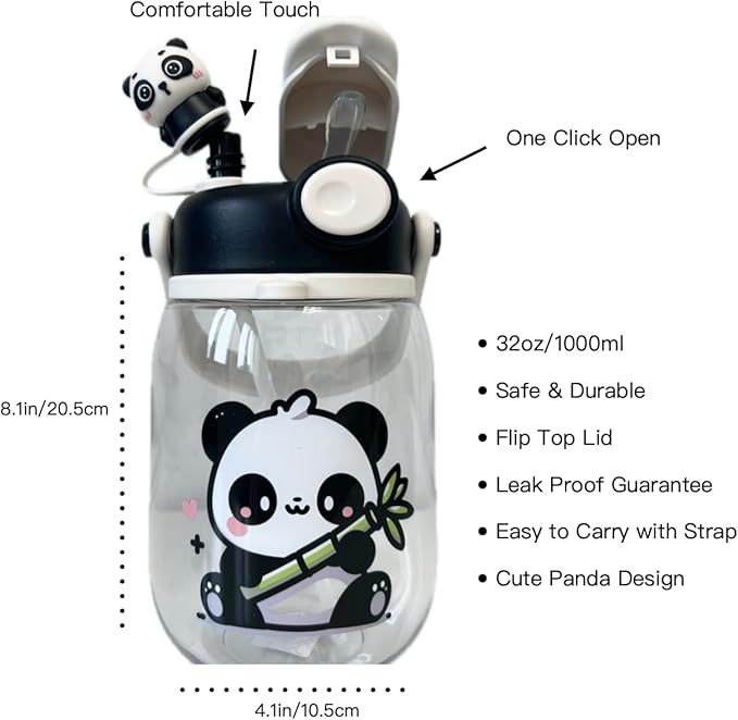 Black Leak-Proof Water Bottle with Flip Top BPA Free Reusable Plastic Drinking Bottle for School, Gym and Workout (Panda), Clear