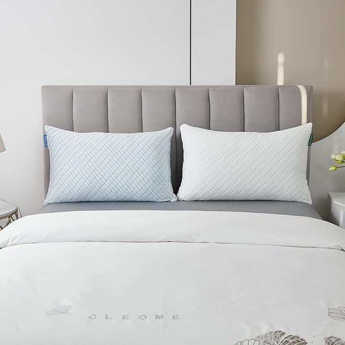 Uniqwamer Cooling Bed Pillows for Sleeping 2 Pack Shredded Memory Foam Adjustable Pillows Standard Size Set of 2 for Side Back Sleepers - Luxury Extra Comfy Gel Pillows with Washable Removable Cover