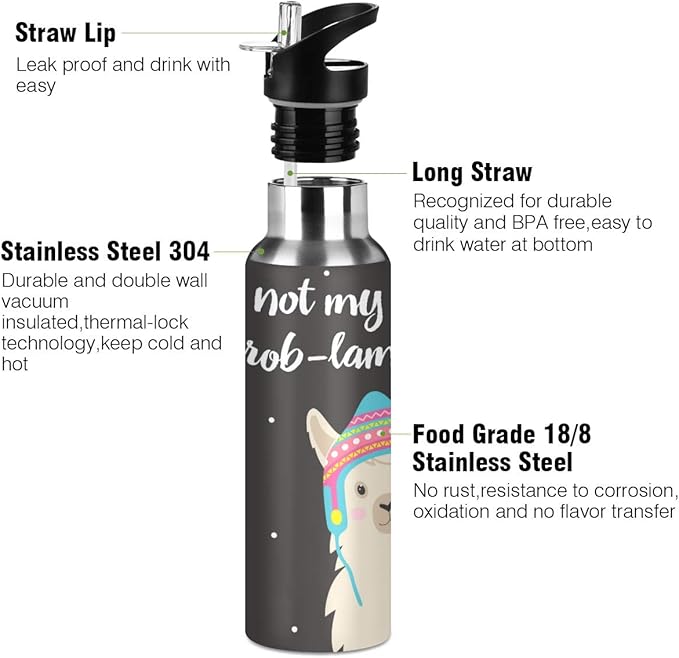 Blueangle Cartoon Llama Water Bottle with Straw Lid for Fitness Gym Camping Outdoor Sports, Wide Mouth Vacuum Insulated 18/8 Stainless Steel, 22 oz