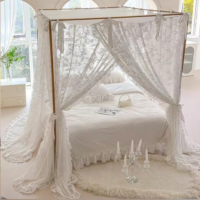 Elegant Lace Princess 4 Corner Post Mosquito Net Romantic for Girls Women Bed Curtain Canopy for Adult Wedding Bedroom Kids Rooms Decoration (Type3-Beige-White, King)
