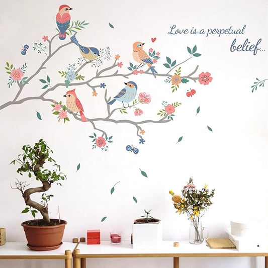 Cartoon Birds on The Tree Branch Wall Sticker Green Leaf and Flying Bird Wall Sticker DIY Art Vinyl Wall Decal Decoration for Garden Living Room Bedroom Kitchen Playroom Nursery Room