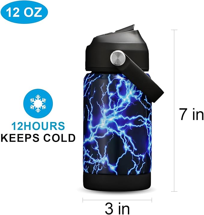 Kids Insulated Water Bottle with Straw,12oz Toddler Cups with Stainless Steel Leak Proof for School Boys Girls（Lightning）