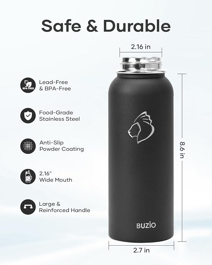 BUZIO 40oz Insulated Water Bottle, Stainless Steel Water Flask with Straw Lid and carrying pouch, Keep Cold 48h Leak Proof Double Wall Vacuum Travel Mug Metal Canteen for Gym Camp Beach, Black