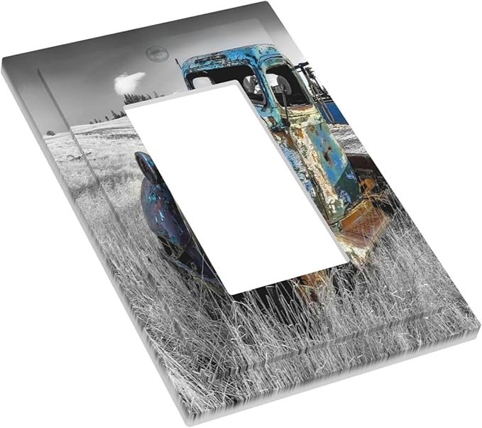 Vintage Country Old Blue Truck 1 Gang Rocker Light Switch Plate Rustic Automobile Single Decora Outlet Wall Plate Cover Faceplate Decorative Switchplate GFCI for Bathroom Bedroom Livingroom Decorate