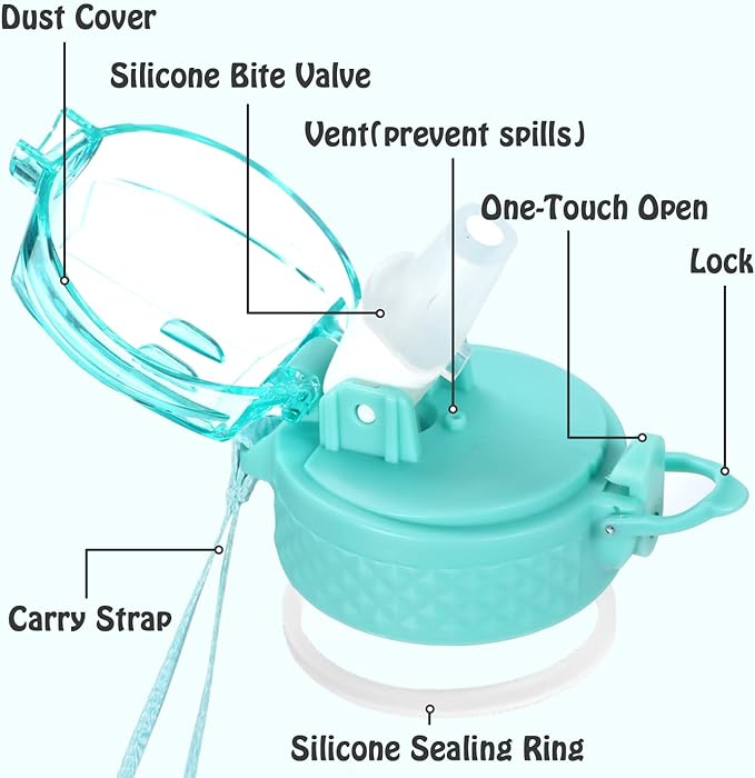OLDLEY Replacement Straw Lid for 15 oz Water Bottle, Leakproof Spillproof Dustproof One-Click Open Cap with Carry Strap