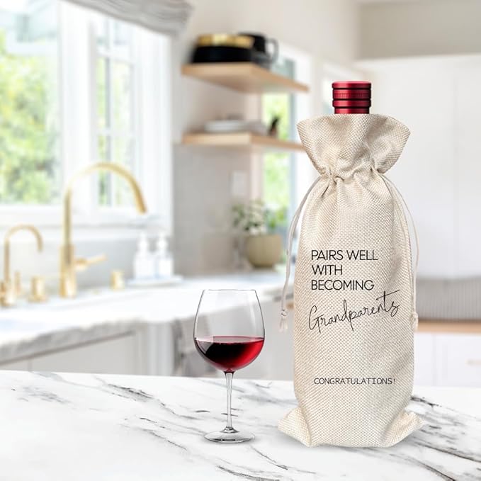 Pairs Well With Becoming Grandparent Linen Wine Gift Bag, Pregnancy Reveal Pregnancy Announcement Baby Shower Wine Bags for Wine Bottles, 1 Pack Reusable Burlap Wine Bag-2