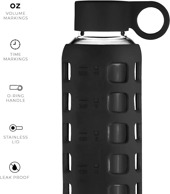 purifyou Premium 40/32 / 22/12 oz Glass Water Bottles with Volume & Times to Drink, Silicone Sleeve & Stainless Steel Lid Insert, Reusable Bottle for Fridge Water, Milk, Juice (12oz Jet Black)