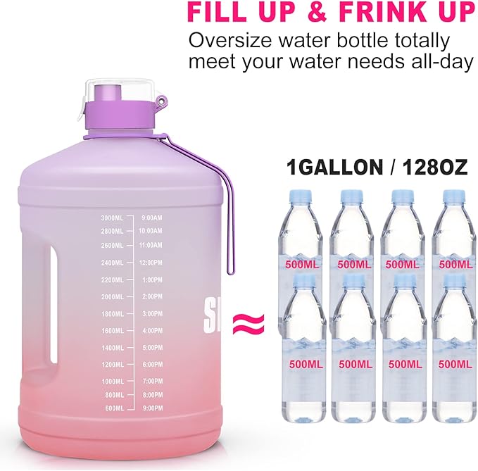 Gallon Big Water Bottle with Handle, 128oz Leakproof BPA Free Fitness Sports Water Bottle with Motivational Time Marker & Wide Mouth Ensure You Drink More Water