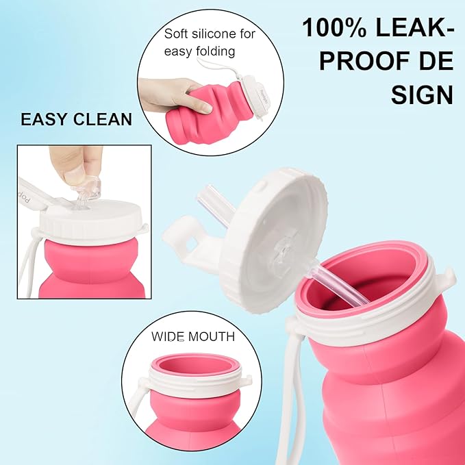 Collapsible Water Bottles,BPA-Free Leak-Proof Silicone Foldable Water Bottle Cup 20.6oz,Durable Lightweight Bottle for Gym Travel Camping Hiking Running (Type2 pink little 320ml)