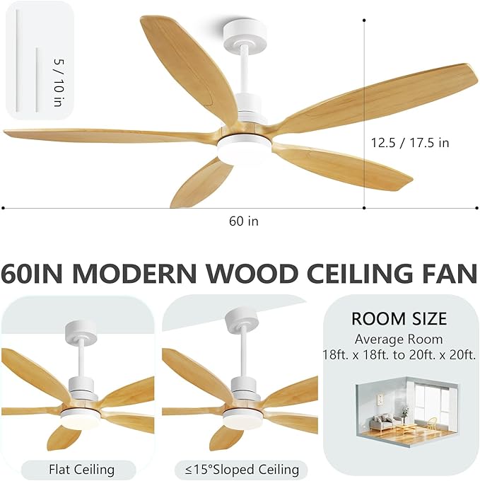 60" Ceiling Fan with Light and Remote,Reversible DC Motor,6Speed,Modern Natural Wood Ceiling Fan with Dimmable LED for Outdoor Patios Bedroom Living Room,Original Walnut and White
