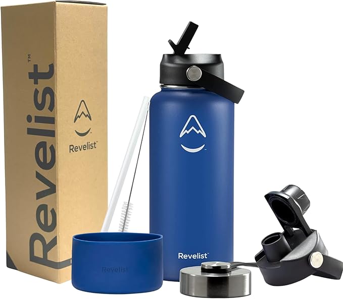 Revelist Sports Water Bottle - 32 Oz, 3 Lids (Straw Lid, Spout & Screw Top) with Boot, Vacuum Insulated Stainless Steel, Double Walled, Reusable Water Flask, Metal Canteen - Midnight Blue