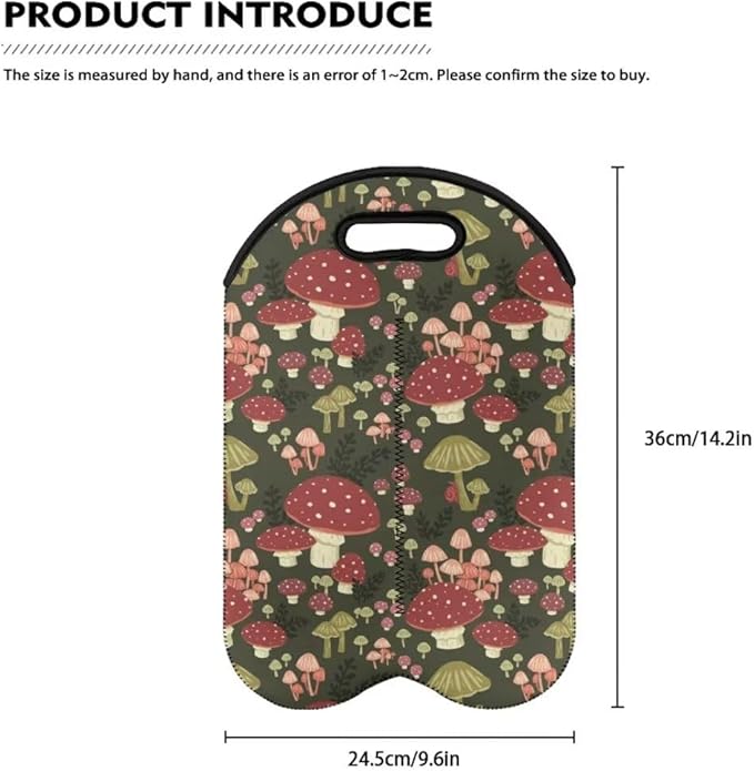 doginthehole Mushroom Neoprene Wine Tote Bags for 2 Wine Bottle, Portable Travel Carrying Case for Champagne/Water Bottle/Beer/Drinks Carriers Bag, 750 ML Wine Bottle Insulated Sleeve