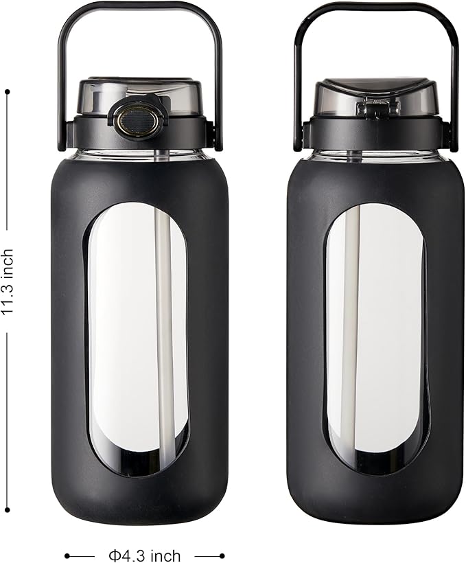 TKK 64 OZ Glass Water Bottle with Straw and Handle Half Gallon Bottle with Silicon Sleeve 2L Sports Water Bottles for Fitness, Gym, Workout - Black