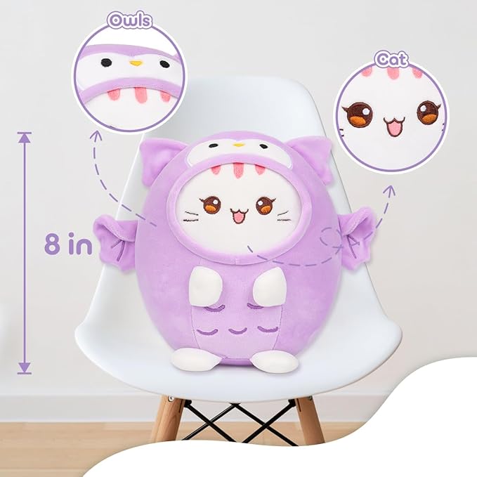 Cute Plush Owl Cat Stuffed Animal Pillow, 8" Soft Kawaii Kitten Plushie with Purple Owl Outfit Gift for Kids