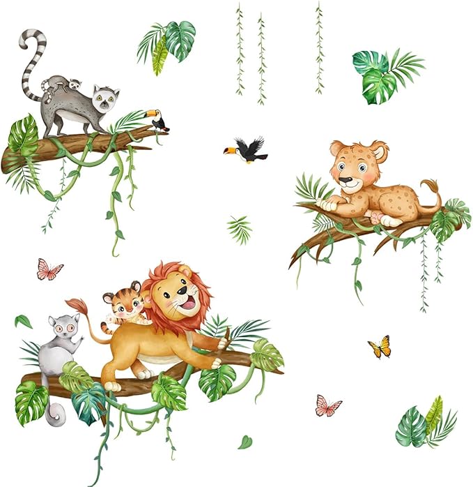 Cartoon Animal Wall Stickers - Fun Lion and Tropical Plant Design, 2 Sets of 3 Stickers Each