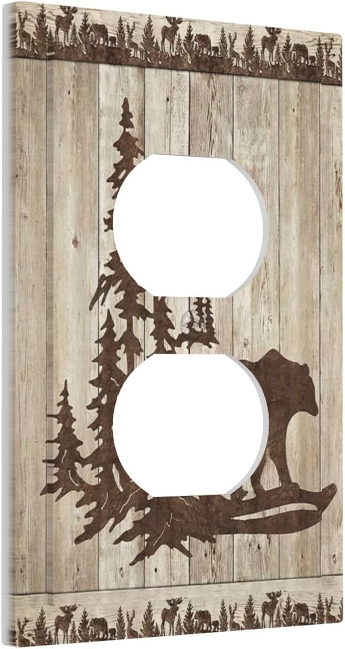 Rustic Wood Bear Forest 1 Gang Outlet Plate Covers Decorative Single Duplex Wall Plate Vintage Cabin Electrical Receptacle Light Switch Cover Art Faceplate Switchplate for Farmhouse Bedroom Decor