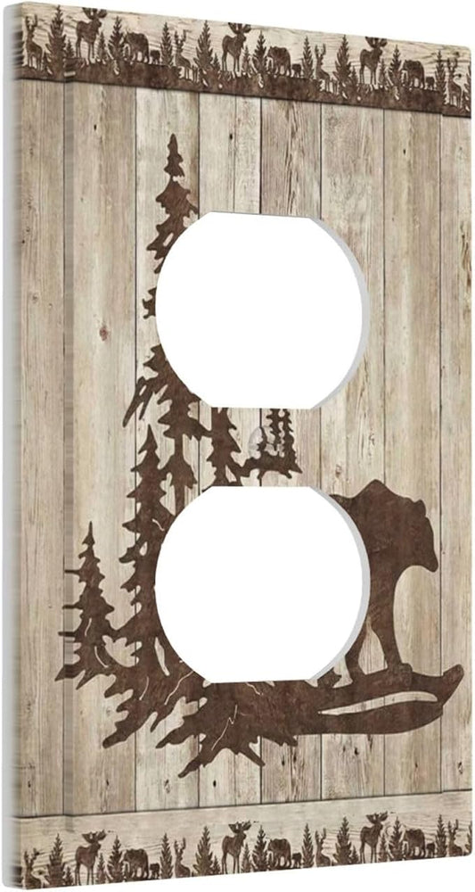 Rustic Wood Bear Forest 1 Gang Outlet Plate Covers Decorative Single Duplex Wall Plate Vintage Cabin Electrical Receptacle Light Switch Cover Art Faceplate Switchplate for Farmhouse Bedroom Decor