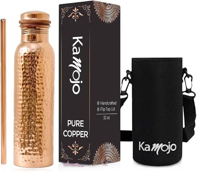 Copper Water Bottle for Drinking - Hammered Pure Copper Water Bottle with Leak Proof Lid, Removable Insulating Sleeve & Copper Straw - Handcrafted Copper Bottle for Men & Women 32 fl oz