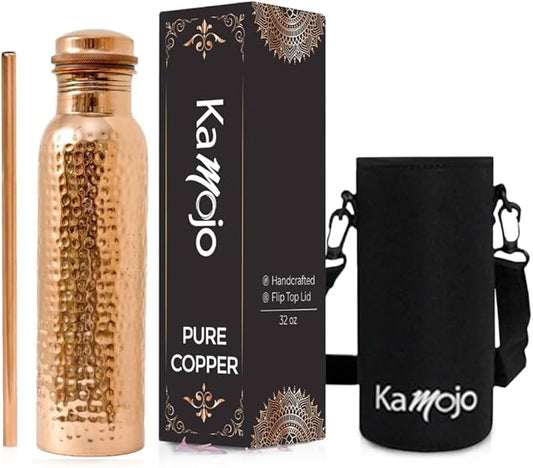 Copper Water Bottle for Drinking - Hammered Pure Copper Water Bottle with Leak Proof Lid, Removable Insulating Sleeve & Copper Straw - Handcrafted Copper Bottle for Men & Women 32 fl oz