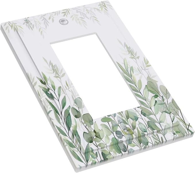 Green Eucalyptus Rustic Botanical Plant Leaves 1 Gang Rocker Boho Light Switch Covers Decorative Single Decora Outlet Wall Plate Faceplate Switchplate GFCI for Country Bedroom Bathroom Decor