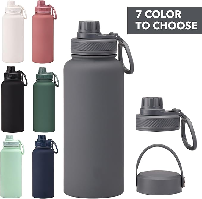 Grey 32 OZ Insulated Water Bottle, Dark Gray Large Metal Insulated Stainless Steel Water Flask, Big Sports Travel Water Bottle with 2 Lids, Insulated Thermos Thermal Mug Cup