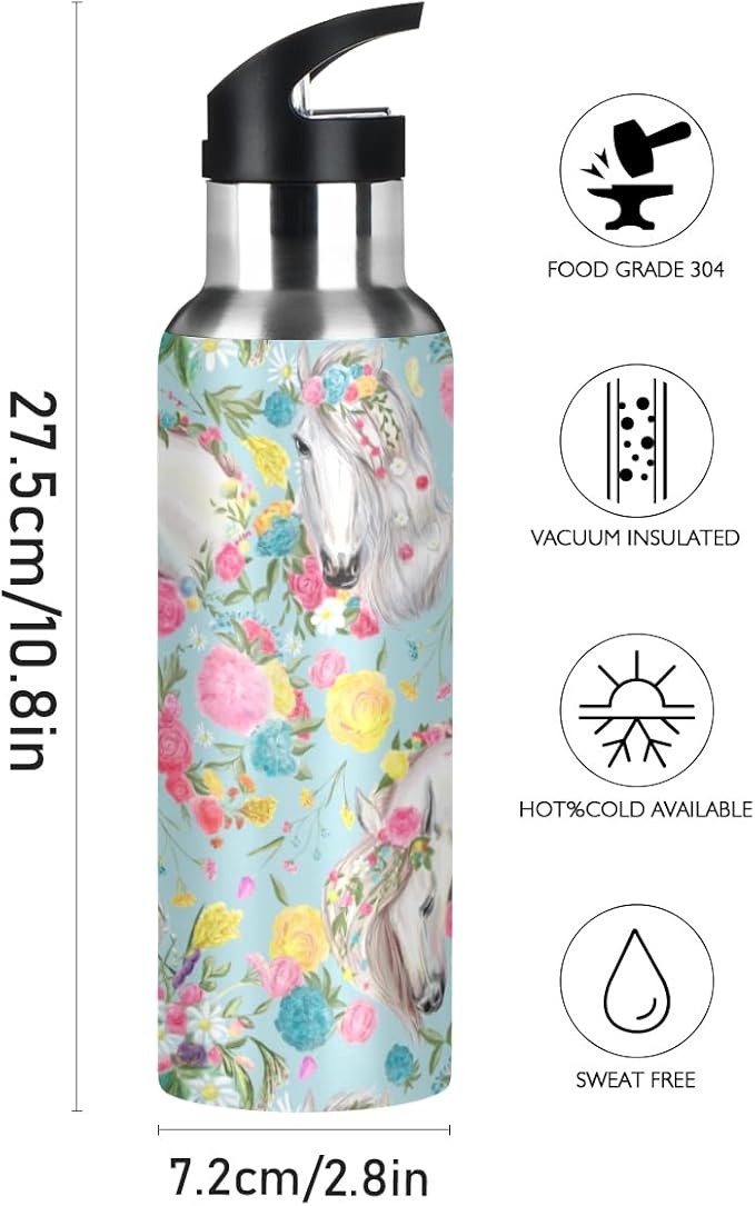 MNSRUU Insulated Water Bottle with Straw, Rainbow and Unicorns Stainless Steel Flasks for Sports Cycling Hiking School