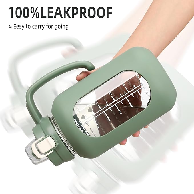 64 oz Glass Water Bolttles Half Gallon Large Motivational Water Bottle with Time Marker Sports Water Bottles with Silicone Sleeve and Handle Lid Water Jug for Gym Workout-1 Pack