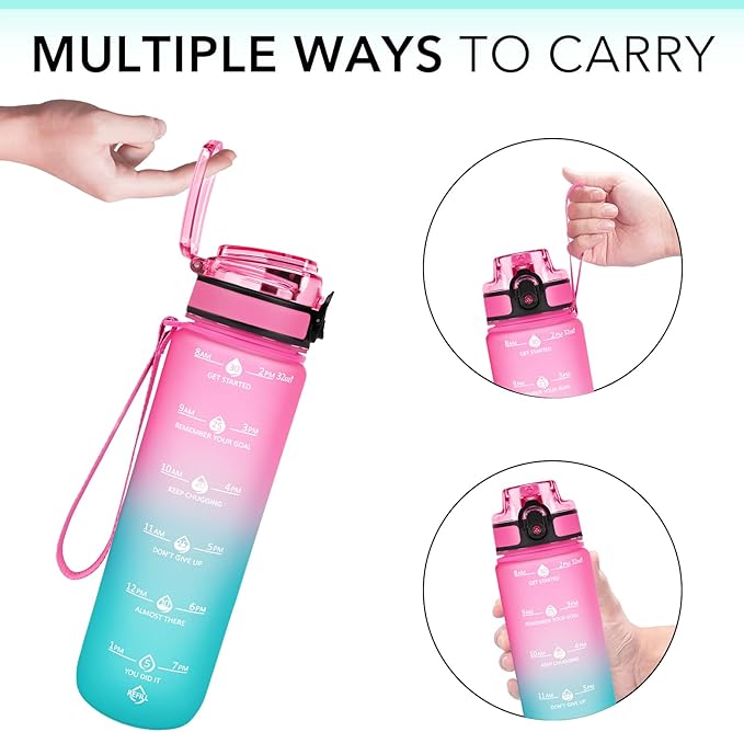 GOSWAG 32oz Motivational Water Bottles with Time Marker and Fruit Strainer, Sports Water Bottle with Times to Drink, Leakproof, Reusable Plastic Bottle with Strap no Straw for Gym, School