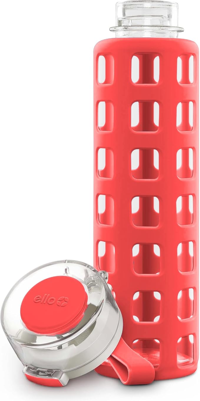 Ello Syndicate Glass Water Bottle with One-Touch Flip Lid and Protective Silicone Sleeve and Carry Loop, BPA Free, Dishwasher Safe,20oz